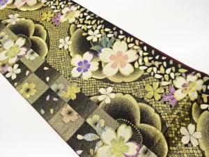 紙布格子に鹿の子・桜散らし模様織出し袋帯